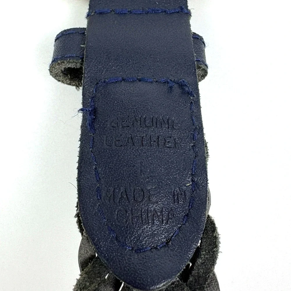 VTG 80s Chic Brand Braided Genuine Leather Belt Womans Sz L Navy Blue‎ Gold Tone